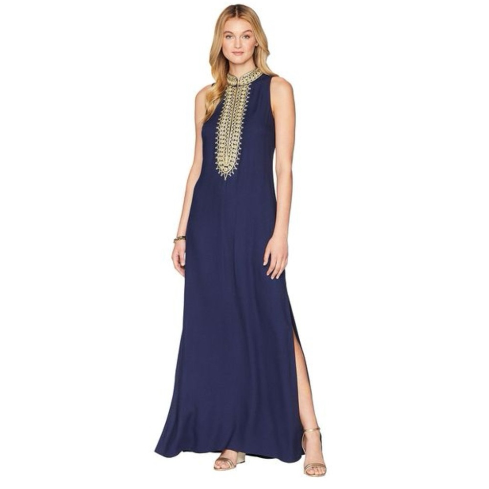 Lilly Pulitzer Jane Maxi Dress Womens 00 XS Navy Gold Metallic Embroidery Resort